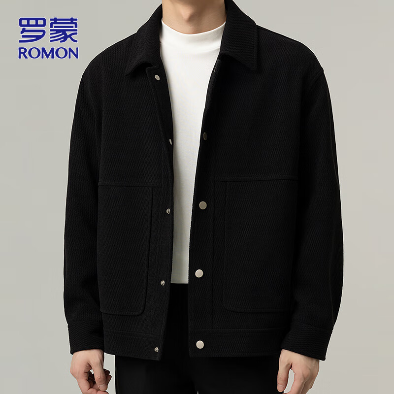 ROMON jacket men's autumn and winter trendy casual loose lapel jacket men's versatile clothes men's black XL
