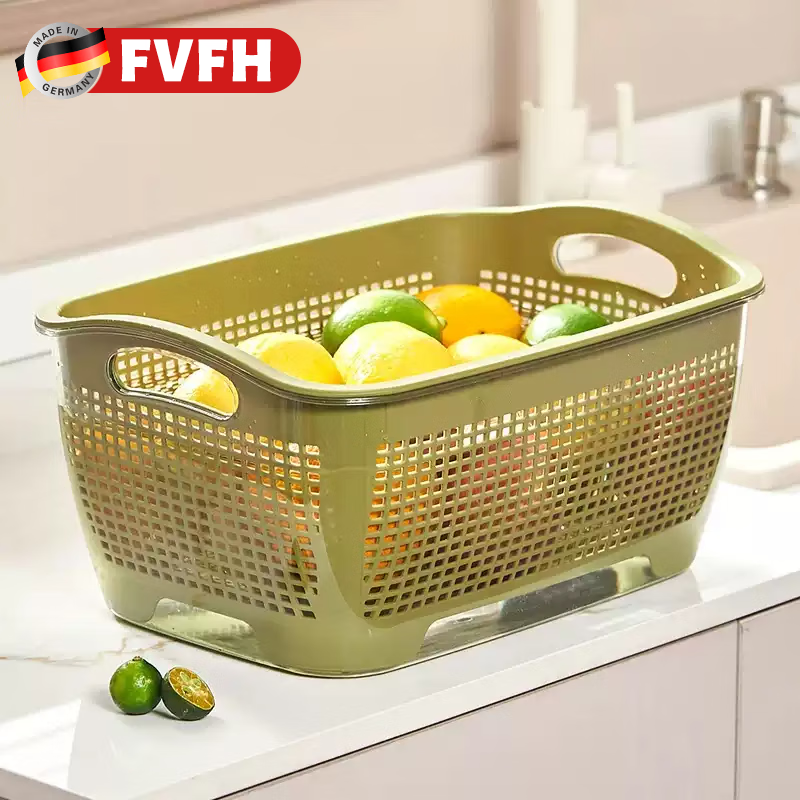FVFH German household double-layer thickened kitchen drain basket sink living room fruit plate vegetable basket high-looking fruit basket rectangular large size Nordic white weight 730 grams
