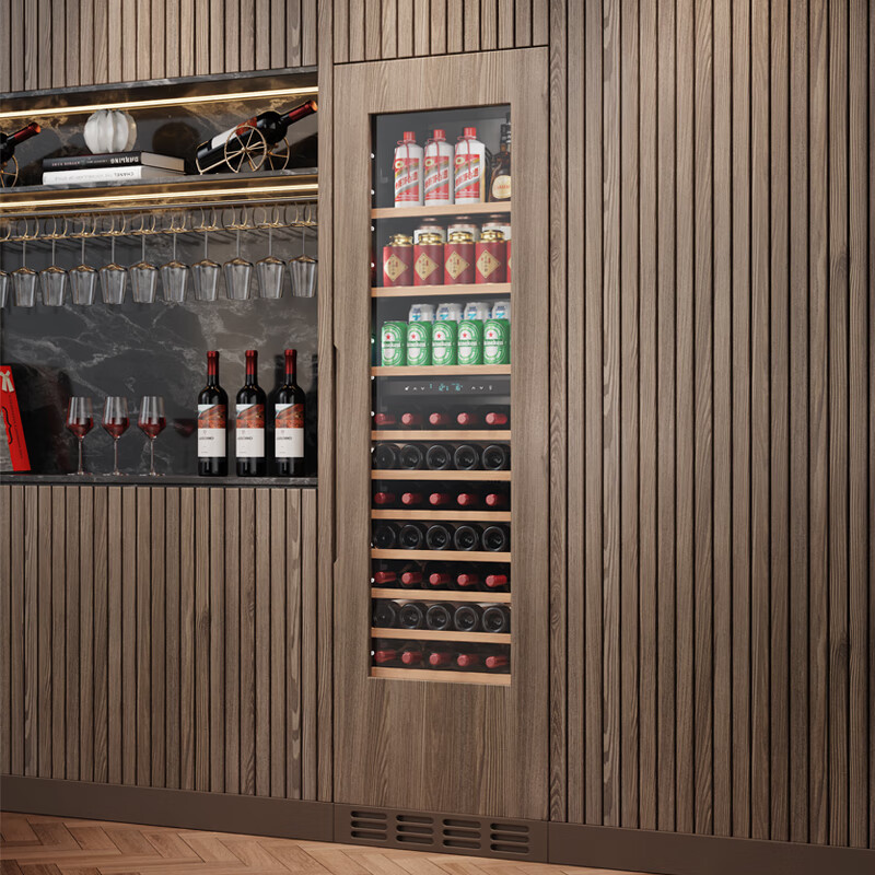 BAIKAILUN seamlessly embedded wine cabinet custom door refrigerator cabinet fully hidden beverage tea cabinet thermostatic cabinet fully embedded ice bar thermostatic wine cabinet light luxury home refrigerator multi-functional display cabinet first-level energy efficiency | dual temperature | ice bar tea style 256L custom cabinet door