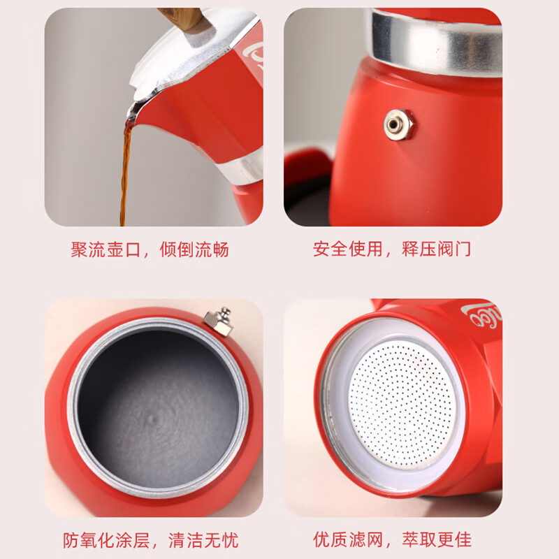 Bincoo Moka Pot Gift Box Italian Hand-brewed Coffee Pot Set Electric Stove Hand-cranked Coffee Machine Gift Red High-end Gift Box Red Pot 6-piece Set