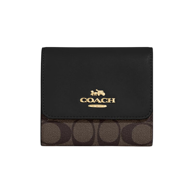 COACH Trifold Wallet 11 Classic presbyopic snap closure, canvas and leather card holder wallet, small size, basic package (bag + dust bag)