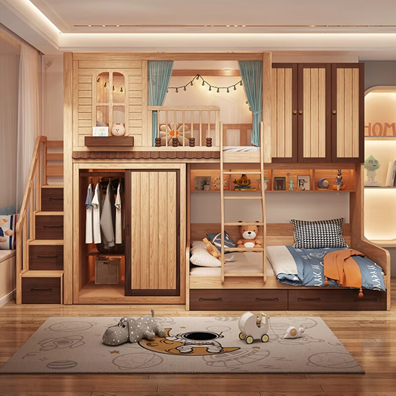 Yiqi staggered bunk bed small apartment double bed bunk bed children's high and low beds do not disturb each other staggered bed upper and lower bed ladder cabinet + 0.8 desk + two door cabinet + high box upper bed 1.2*2 meters + lower bed 1.5*2 meters