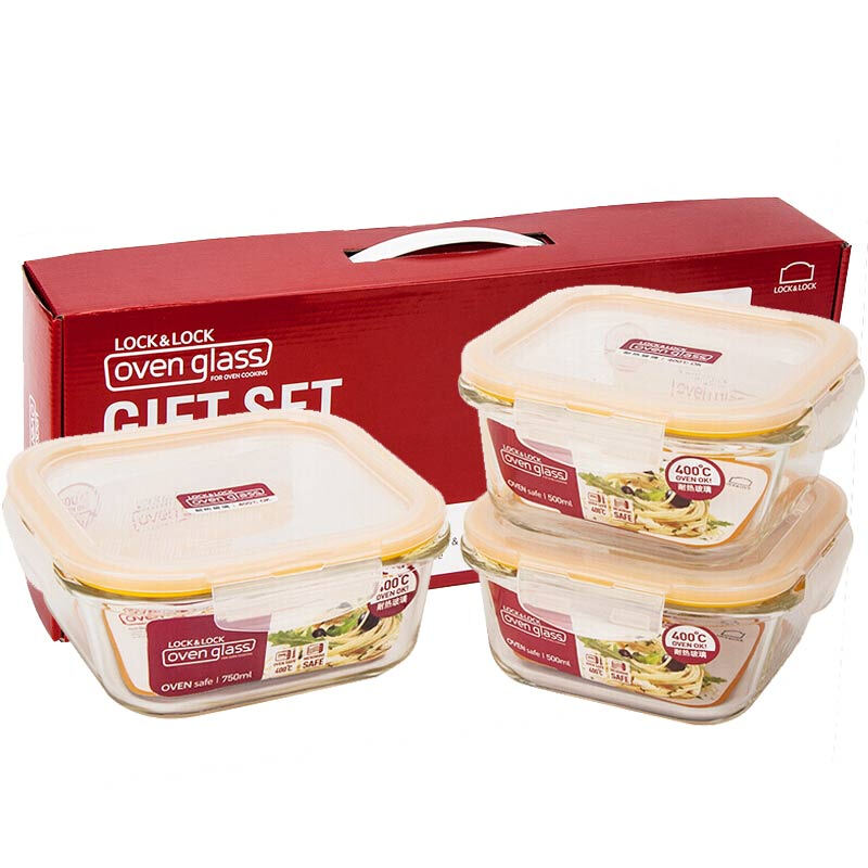 LOCK&LOCK heat-resistant glass crisper, microwave lunch box, lunch box for office workers, fruit meal crisper bowl three-piece set