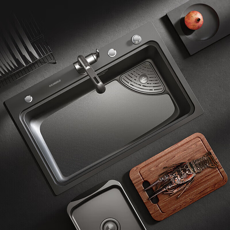 Higgold kitchen sink 75*48 large single tank 304 stainless steel nano multi-functional sink Raindance waterfall handmade tank 750*480 light gray (bare tank)