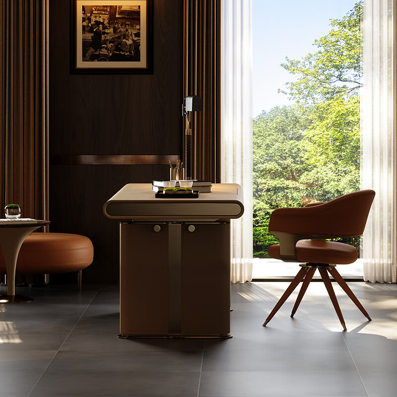 TAZA Italian style full leather desk villa whole house bedroom study custom series modern light luxury liftable desk desk-yellow bronze 1.8m