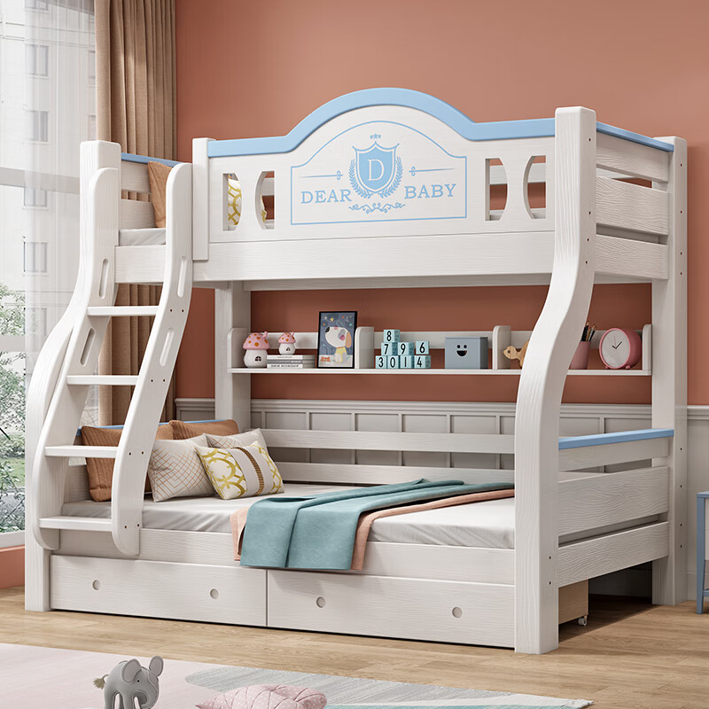 Ziwei upper and lower bed solid wood cherry wood bed thickened high and low bed with upper and lower bunks student bedroom bed blue and white ladder type + bookshelf + double drawer + mattress 1200mm*2000mm