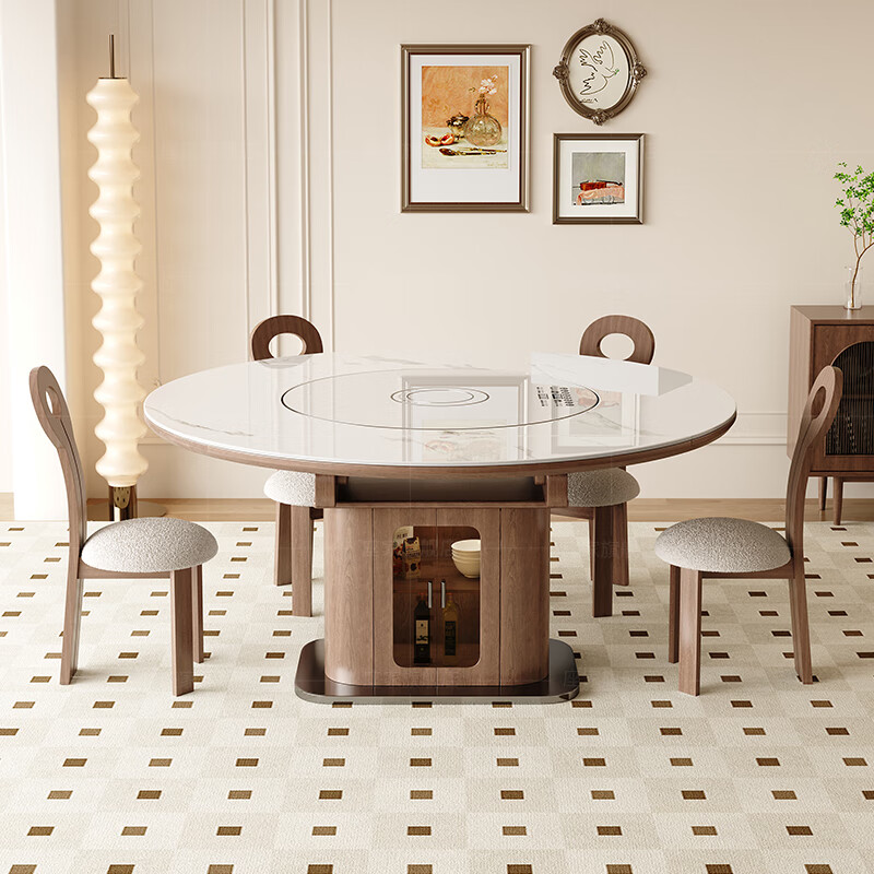 Zuojia solid wood slate smart dining table, light luxury and high-end household small apartment folding dual-purpose retractable round dining table and chairs, single table, hot dishes + induction cooker + electric turntable 1.5m