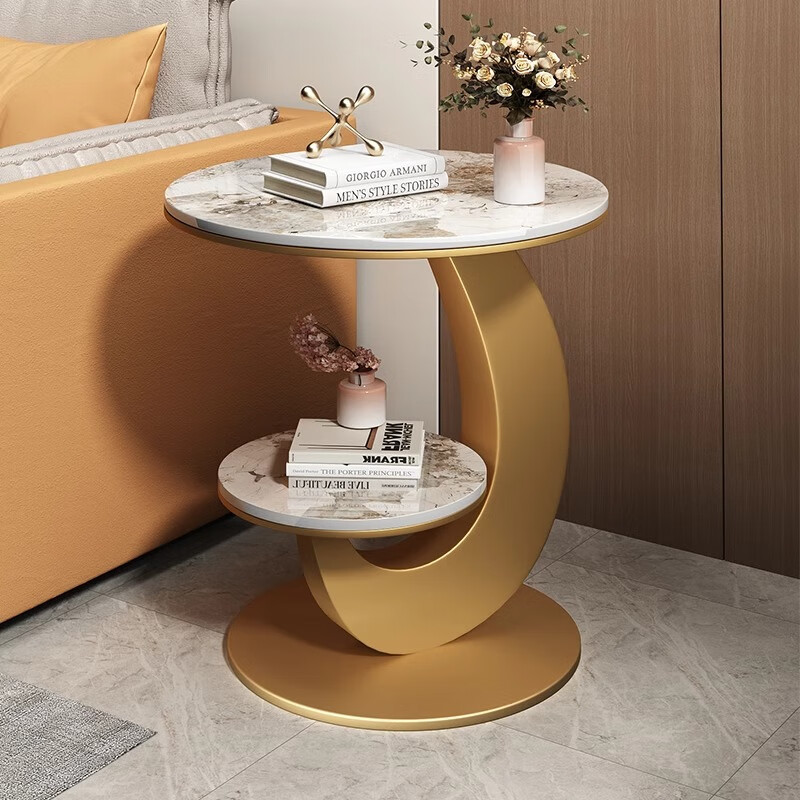 Tangke light luxury side table living room sofa side table balcony small round table high-end creative small table household small coffee table black frame snow mountain white 50*60