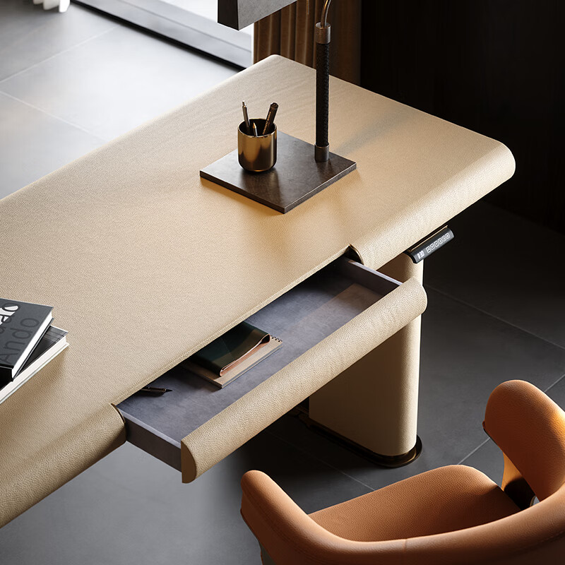 TAZA Italian style full leather desk villa whole house bedroom study custom series modern light luxury liftable desk desk-yellow bronze 1.8m