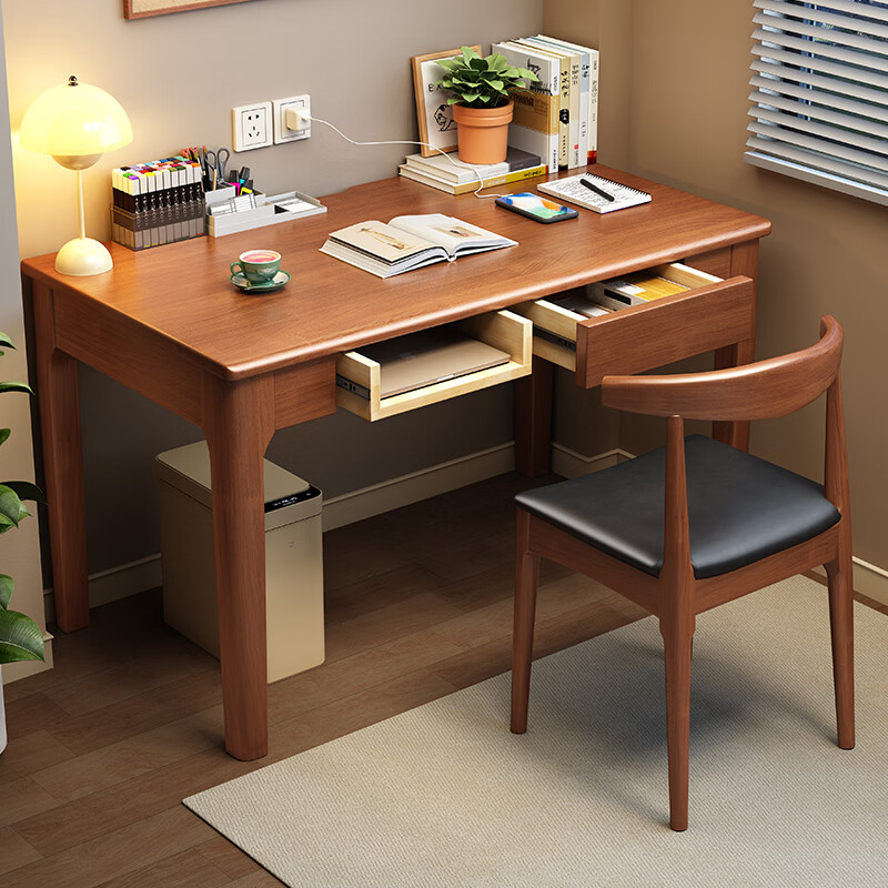 All solid wood desk without auxiliary materials Adult desk simple home desktop computer desk children and students writing desk Walnut color all solid wood desk + armchair 120*60*75cm-Length, width and height sorting