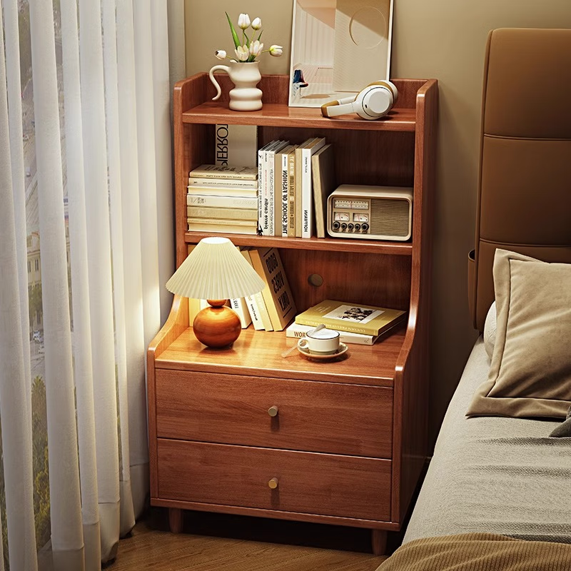 Happy Shuwu solid wood bedside table bookshelf integrated multi-layer storage shelf bedroom bedside heightened storage cabinet small narrow storage cabinet double layer #walnut color 43*40*86