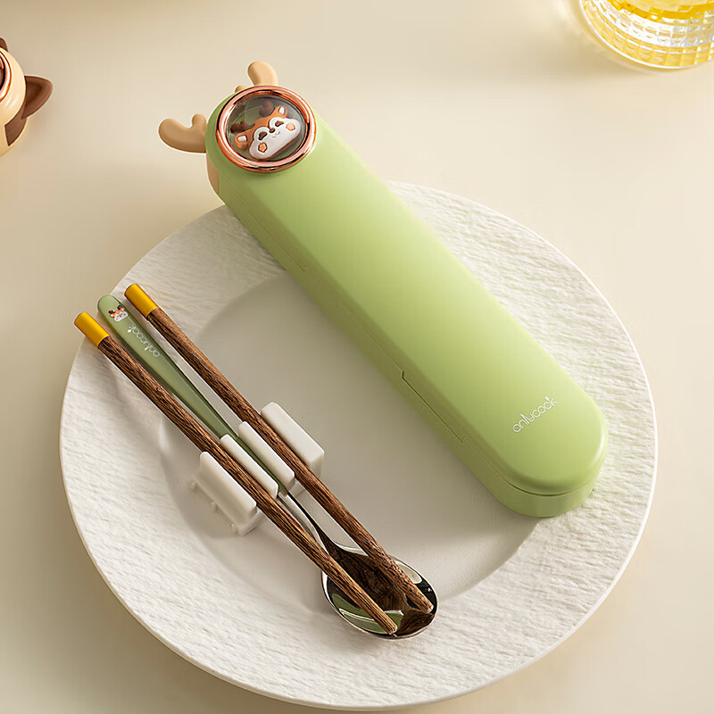 Onlycook cute cartoon portable tableware new 304 stainless steel chopsticks and spoon set chopsticks and spoon storage box wooden chopsticks stainless steel spoon 2-piece set yellow puppy