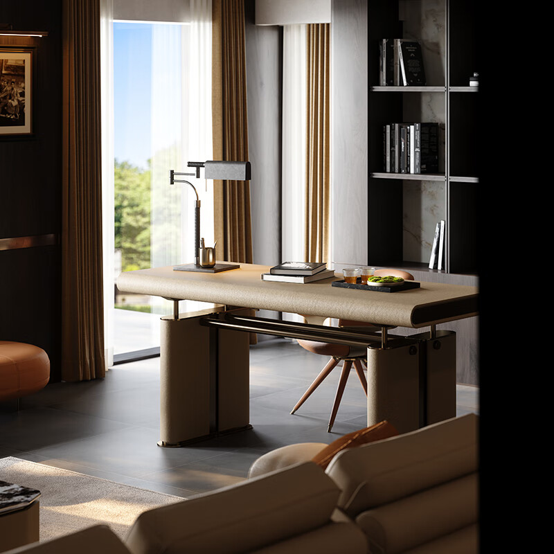 TAZA Italian style full leather desk villa whole house bedroom study custom series modern light luxury liftable desk desk-yellow bronze 1.8m