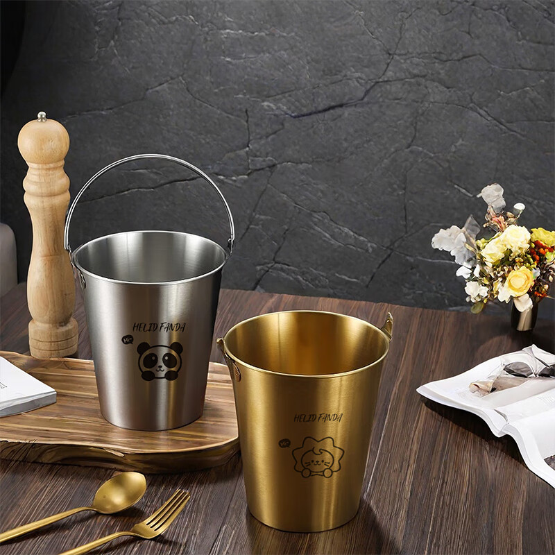 WORTHBUY Internet celebrity ice bucket 304 stainless steel portable ice bucket bar KTV champagne bucket thickened household beer bucket red wine bucket with handle natural color 1.7L-Doudou Xiong