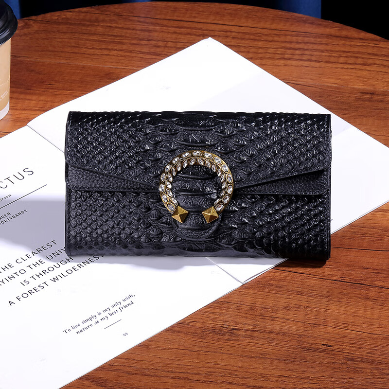 Sephoron Fashionable Crocodile Pattern Long Flip Wallet Feminine 2026 New First Layer Cowhide Diamond Handbag Wallet Black - First Layer Cowhide High-end Gift Box Packaging