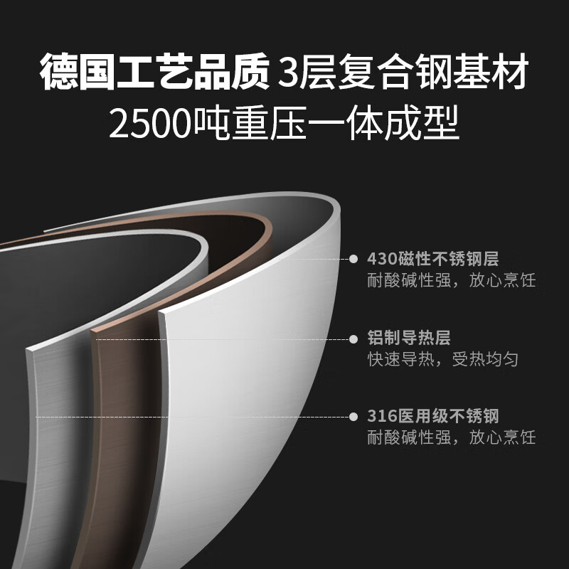 MAXCOOK 316 stainless steel wok, 30cm three-layer steel pot with lid, induction cooker, gas stove universal MCC2249