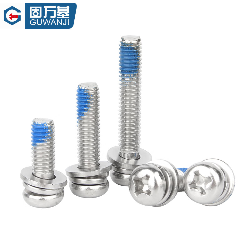 Guwanji 304 stainless steel round head cross three combination dispensing screws glue-coated anti-falling and shock-proof pan head screws M3x16x7 (50 pieces)