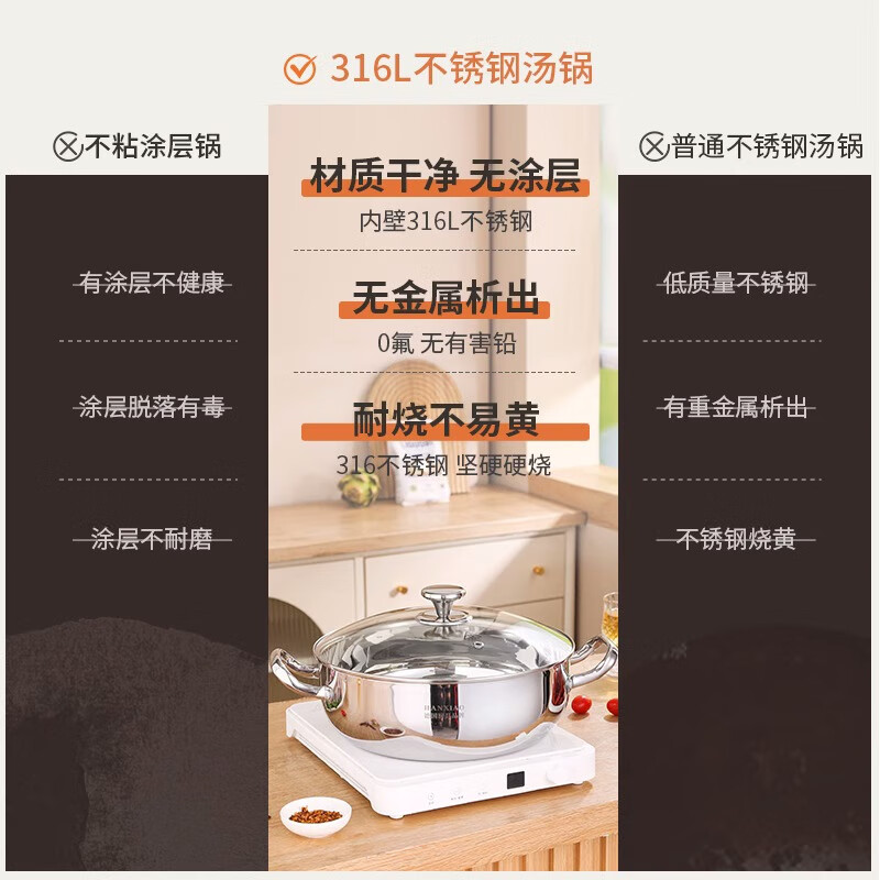 Hanxiao thickened food grade 316 stainless steel soup pot induction cooker hot pot special pot household edge stove hot pot basin 316 extra thick soup pot five-piece set 32cm