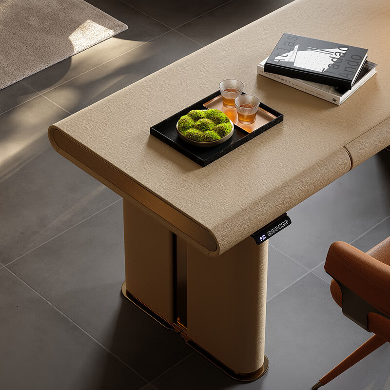 TAZA Italian style full leather desk villa whole house bedroom study custom series modern light luxury liftable desk desk-yellow bronze 1.8m