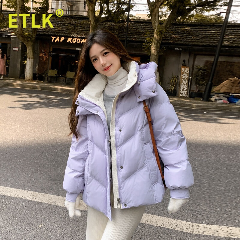 ETLK new winter style simple and fashionable color matching thickened down jacket women's short loose style white duck down jacket Maillard white new national standard 90 down S 90-120 catties (small people must take the card number smaller)