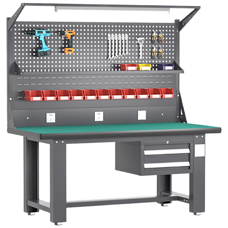 Baigang Heavy Duty Workbench Anti-static Maintenance Table Factory Workshop Fitter Operation Table Assembly Line Packing Table Two Drawers + Double Hanging Plate + Lamp Stand + Shed Plate 2100*750*1820mm