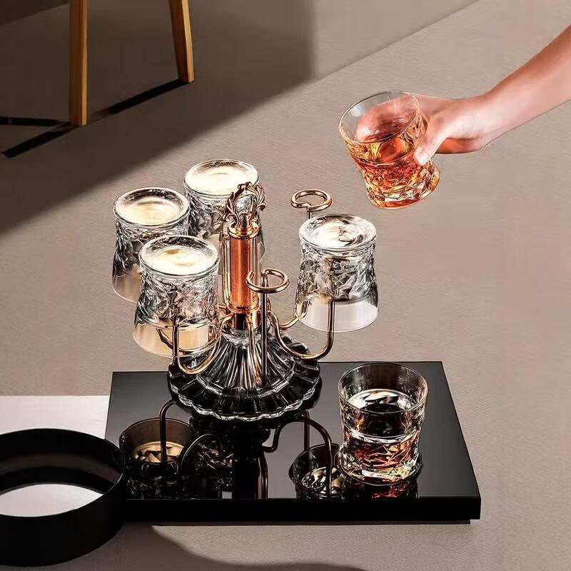 Shantou Lincun German Light Luxury Rotating Beer Glass Rack Water Glass Storage Rack Crystal Glass Rack Set Cup Whiskey Rack Gold Hammer Pattern Short 6 Cups 1 Gold Square Pot Retro Rack + Quicksand Green Plate