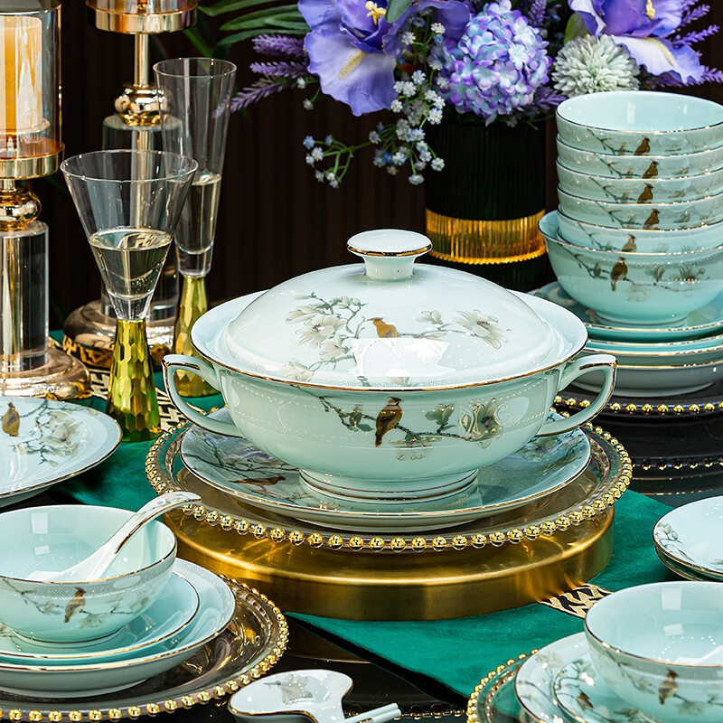 Jingci Jingdezhen Chinese celadon tableware set chopsticks dishes bowls high-end hotel housewarming wedding gift Celadon blue garden full of food for 10 people丨 68 heads
