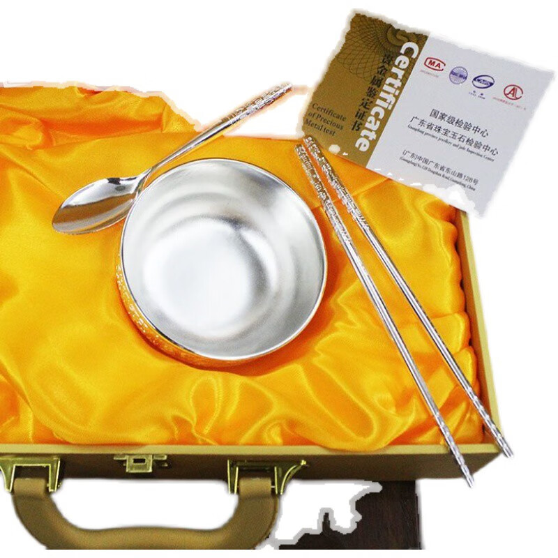 Old Shanghai Fengxiang silver bowl and chopsticks three-piece set baby silver tableware silver rice bowl chopsticks spoon recognition Five Blessings three-piece set high-end wooden box small size 1