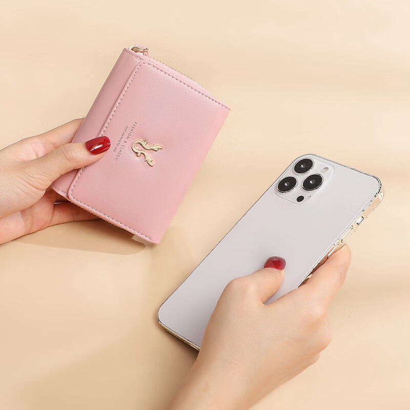 Viney cowhide short wallet female mini zipper coin purse folding wallet multi-card slot large capacity student wallet card bag pink