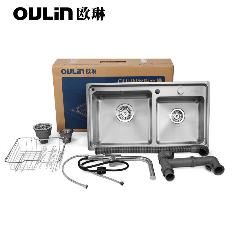 OULIN sink double basin package kitchen sink 304 stainless steel sink double basin thickened J006A / 820A 860x470+CFL101 brass pull-out faucet+drain