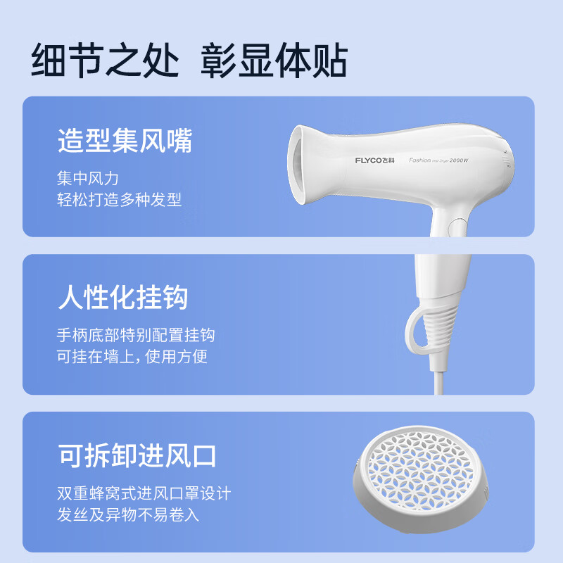 FLYCO hair dryer home hair salon high power 2000W quick drying constant temperature portable foldable white FH6232