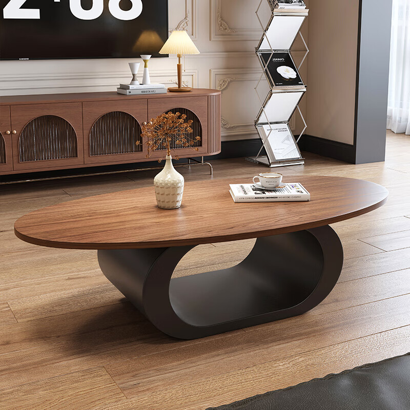 Longyueli solid wood oval tea table living room light luxury high-end 2025 new French retro size small tea table table black frame 130cm walnut color
