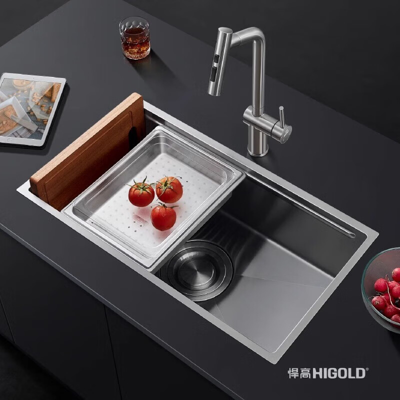 HIGOLD sink large single tank double step basin middle basin black titanium nano SUS304 stainless steel dishwashing sink menu basin BL952257 750-480