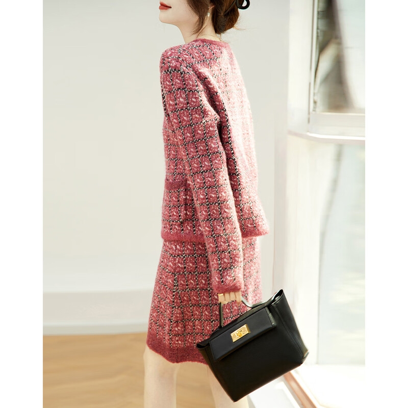 Demana small fragrance two-piece set spring and autumn round neck plaid top high waist a-line skirt suit women's fashion