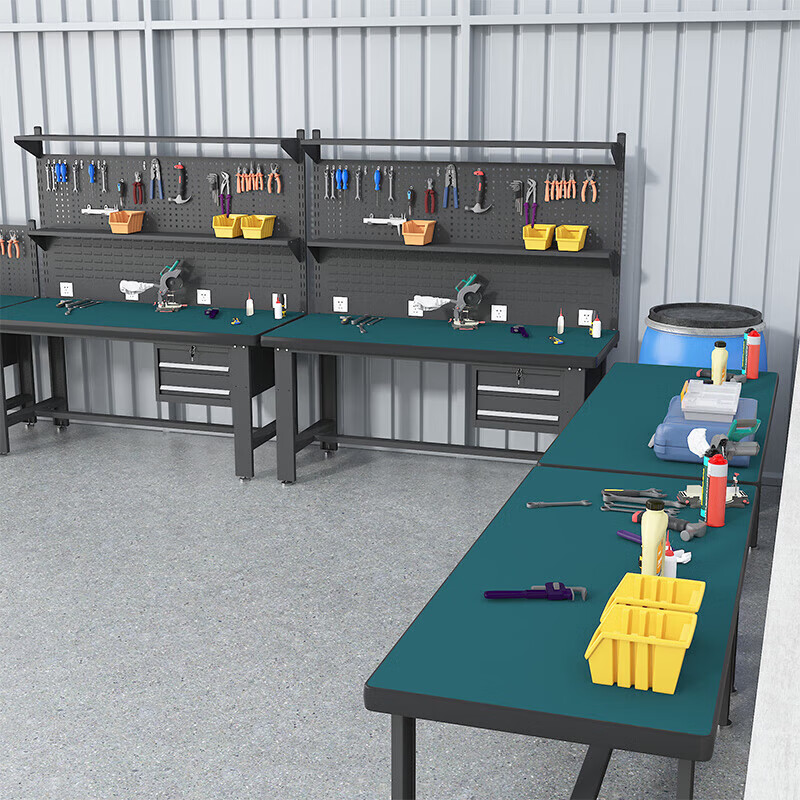 Baigang Heavy Duty Workbench Anti-static Maintenance Table Factory Workshop Fitter Operation Table Assembly Line Packing Table Two Drawers + Double Hanging Plate + Lamp Stand + Shed Plate 2100*750*1820mm