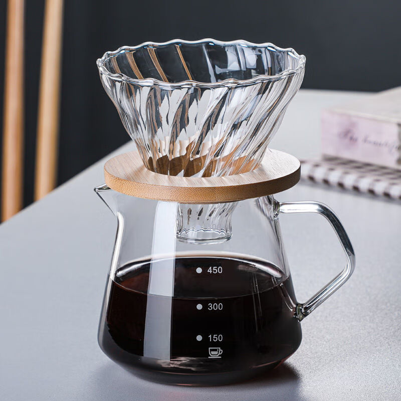 An Junsheng hand-brewed coffee pot set sharing pot drip coffee filter glass filter cup Italian-style one-piece hand-brewed funnel diamond coffee pot + large 02 wooden tray filter 600ml