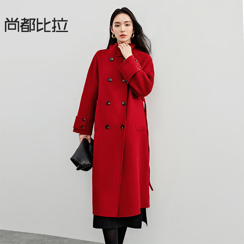 Shandubila New Year Red 100% wool woolen coat for women winter high-end thickened warm double-sided woolen coat