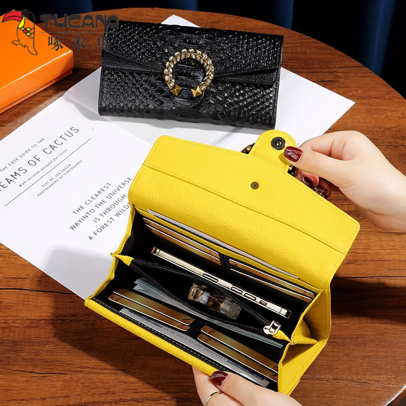 Woodpecker (TUCANO) Fashionable Crocodile Pattern Genuine Leather Long Flip Wallet Feminine 2025 New First Layer Cowhide Diamond Handbag Wallet Black - First Layer Cowhide High-end Gift Box Packaging