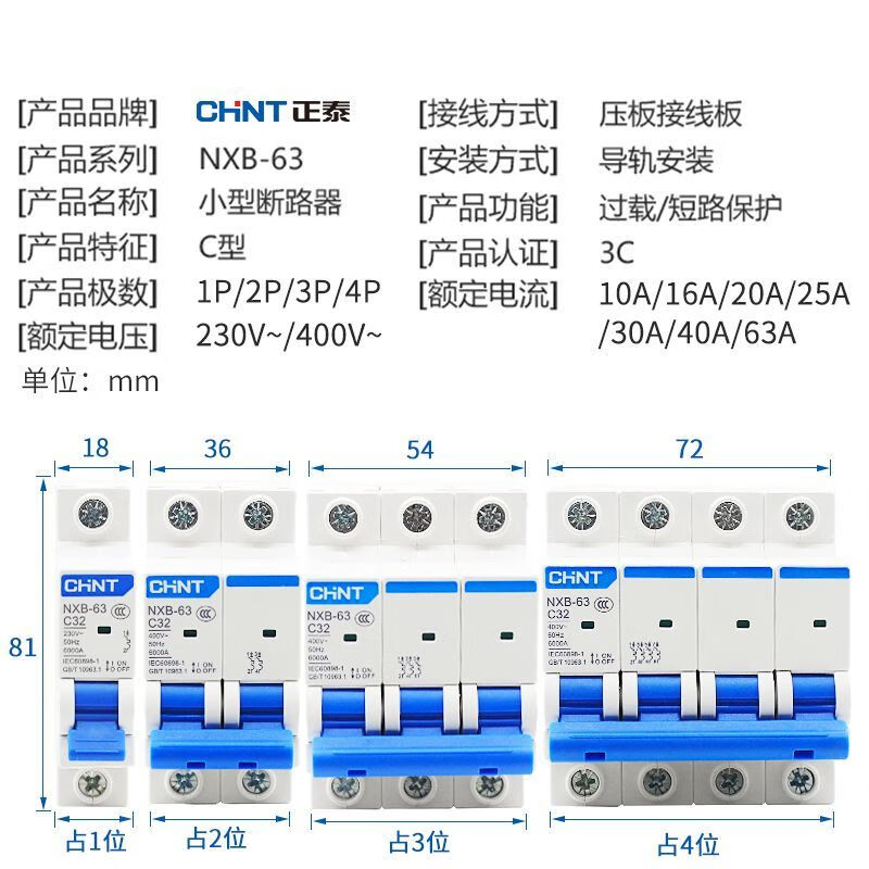 Chint (CHNT) NXB-63 C type small air circuit breaker 2P 3P 4P overload air switch 2P 63A