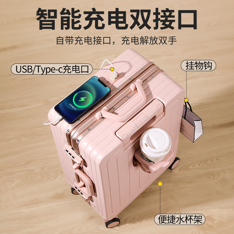 Miyo front-opening suitcase for women 2026 new multi-functional boarding-free open suitcase password trolley case Sakura pink-with bow Front opening design + multi-functional aluminum frame 20 inches can be boarded Pure PC material thickened box is strong and durable