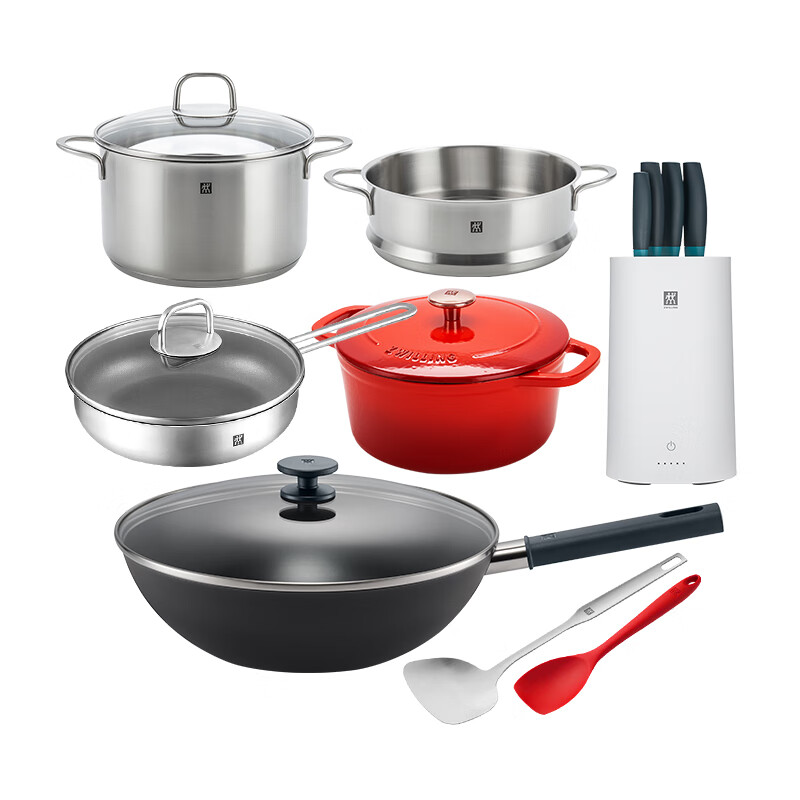 Zwilling pot set imported from Germany, wok, frying pan, steamer, enamel pot, kitchen knife, cooker knife, stainless steel wok, 15-piece set