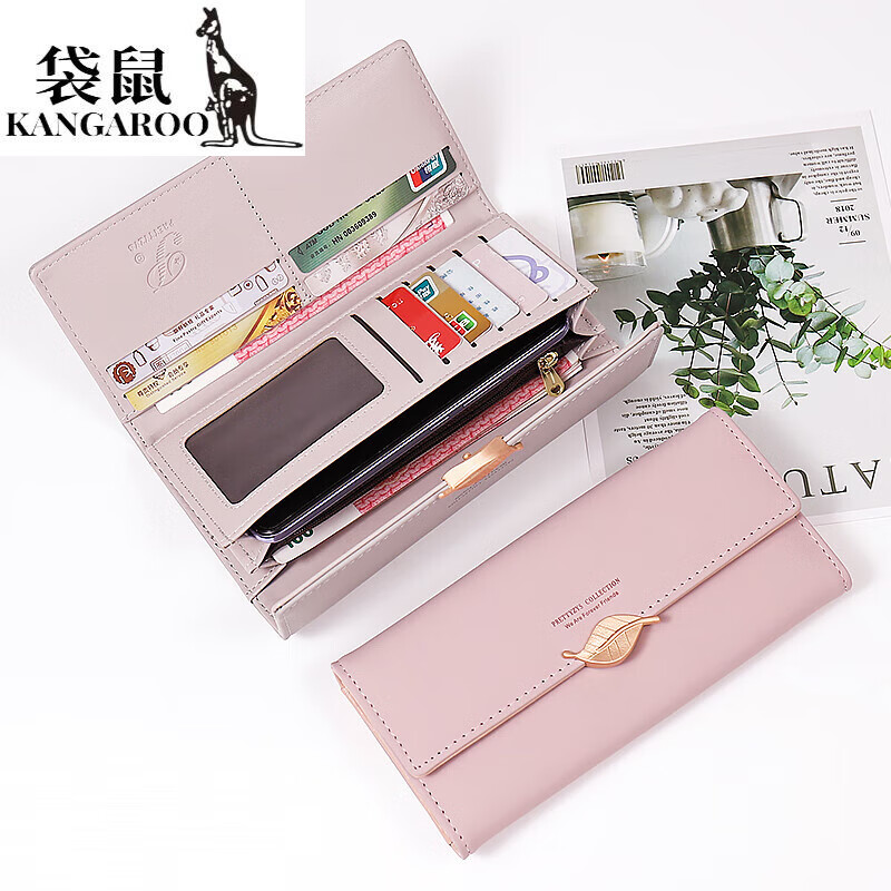 Kangaroo (KANGAROO) Luxury (chi) Light Luxury Trendy Long Wallet Women's Clutch Soft Leather Versatile Mobile Phone Bag Genuine Leather Fashion Card Holder Pink