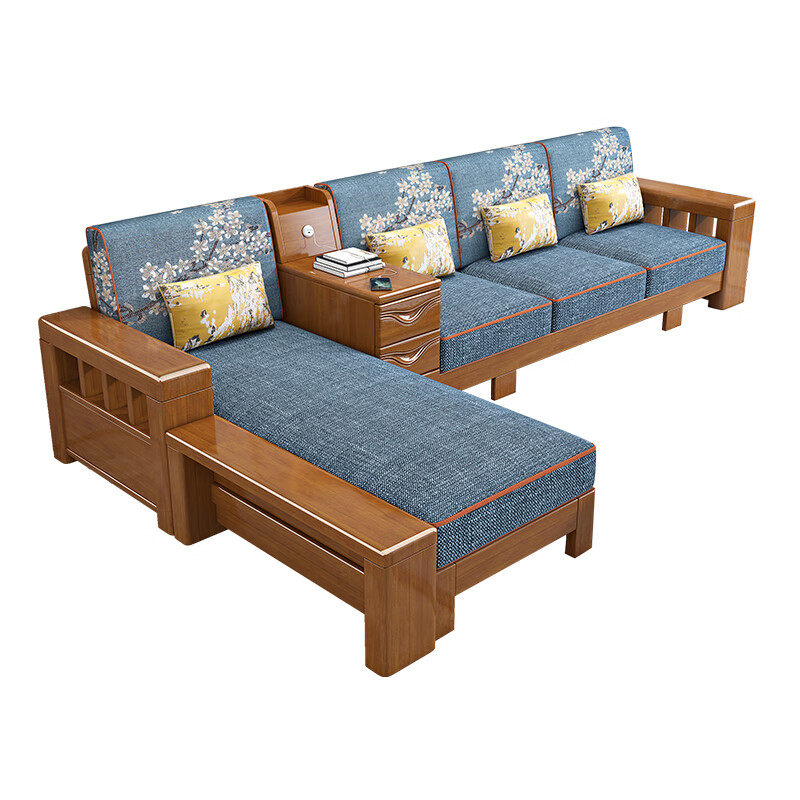 Hexi new Chinese style solid wood sofa living room solid wood furniture combination modern simple small apartment small wooden sofa bed four seats + imperial concubine couch + long coffee table + TV cabinet