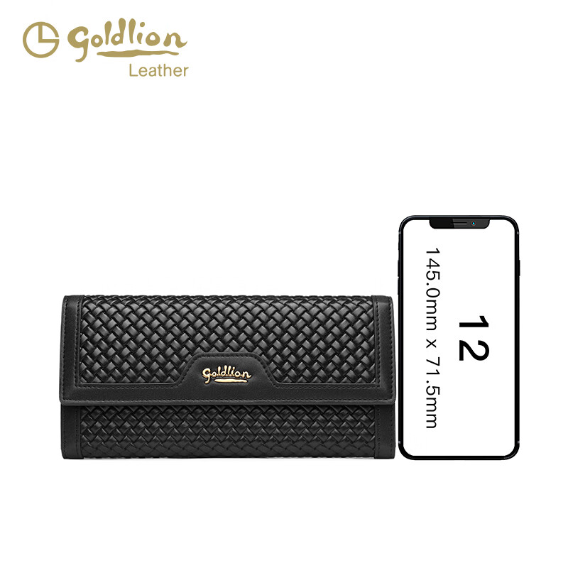 Goldlion 25 New Genuine Leather Woven Light Luxury Design Women's Long Wallet Large Capacity Card Holder Coin Purse Trendy Black