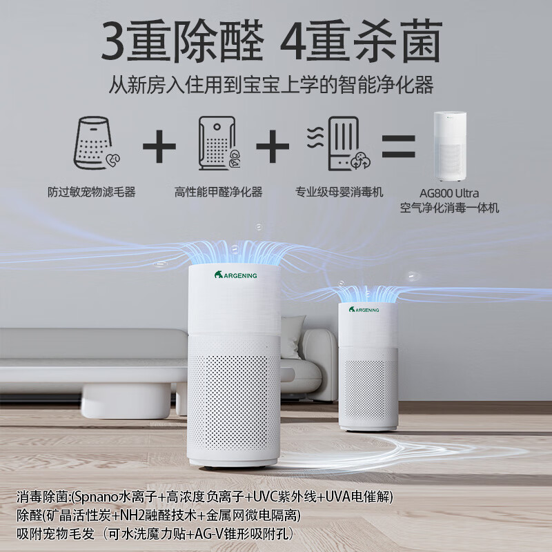 Argening Algreen German air purifier 0 ozone 0 radiation decomposition, formaldehyde disinfection, odor removal, particle removal, whole house mother, baby, pet hair removal AG800 Ultra white
