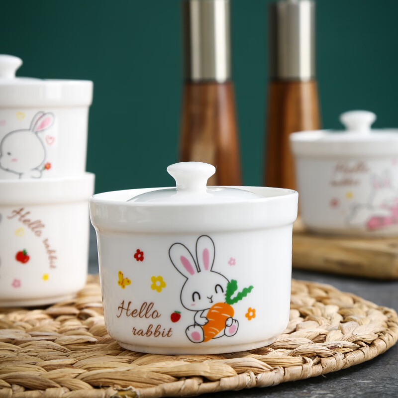Aostar Soup Cup Set of Four Ceramic Stew Cups with Lid for Stewing Bird’s Nest Tonic and One-Server Household Liner Stew New Rabbit Series (4 Stew Cups with 4 Lids)