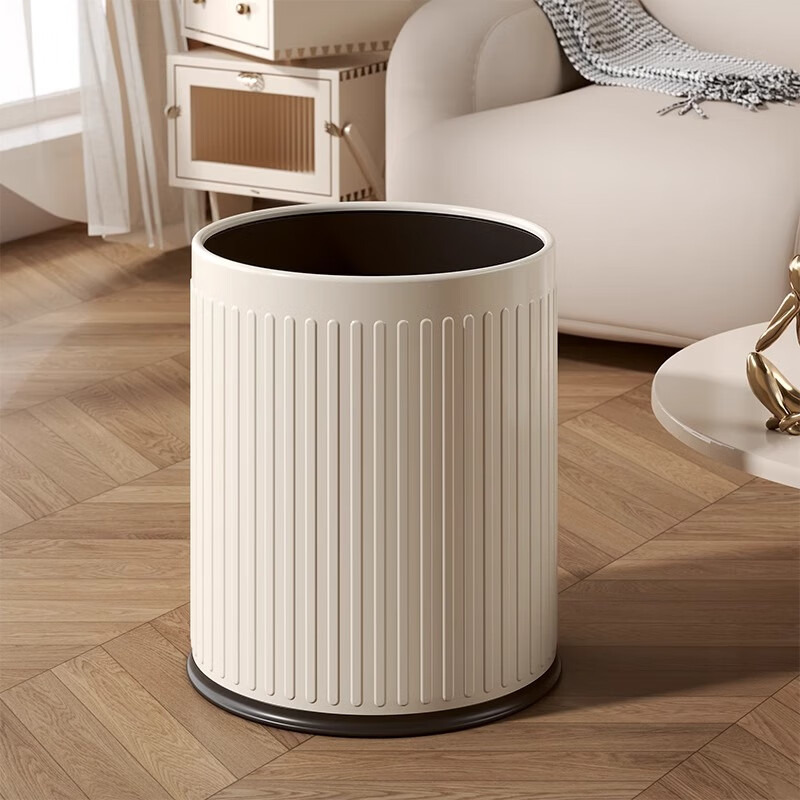Feida Sanhe Trash Can Home Living Room High-Looking Kitchen Toilet Bedroom Large Capacity Modern Simple Large Coverless Trash Can 12L Cream White Double Bucket Inside and Out - Stripe Design