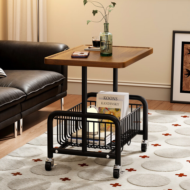 Quanxiang side table coffee table sofa side table living room trolley storage rack removable household simple small table BG-79 walnut color removable basket upgraded iron wheels