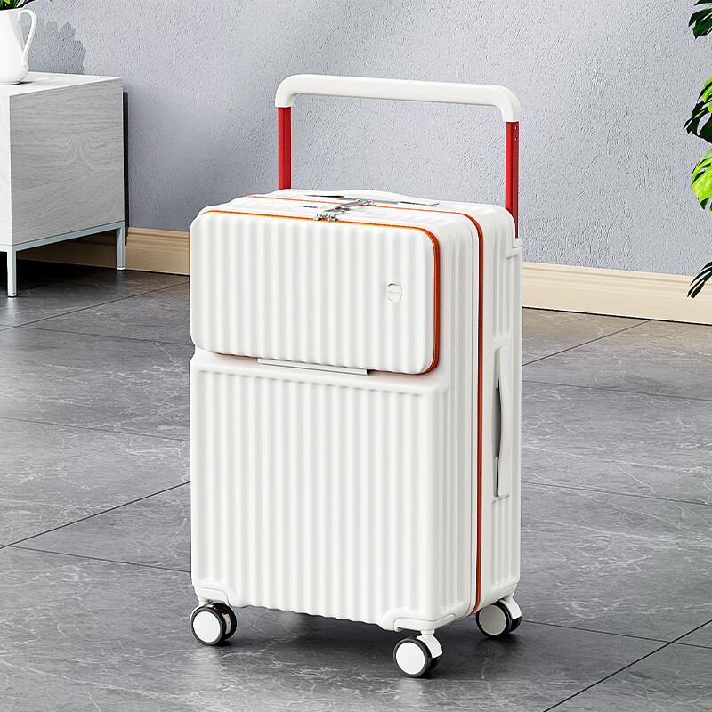 MCHNA KTCC wide trolley aluminum frame suitcase multi-functional trolley case PC material suitcase business trip boarding case student password box pearlescent white zipper charging port + cup holder + hook 20 inches short-distance travel can board the plane