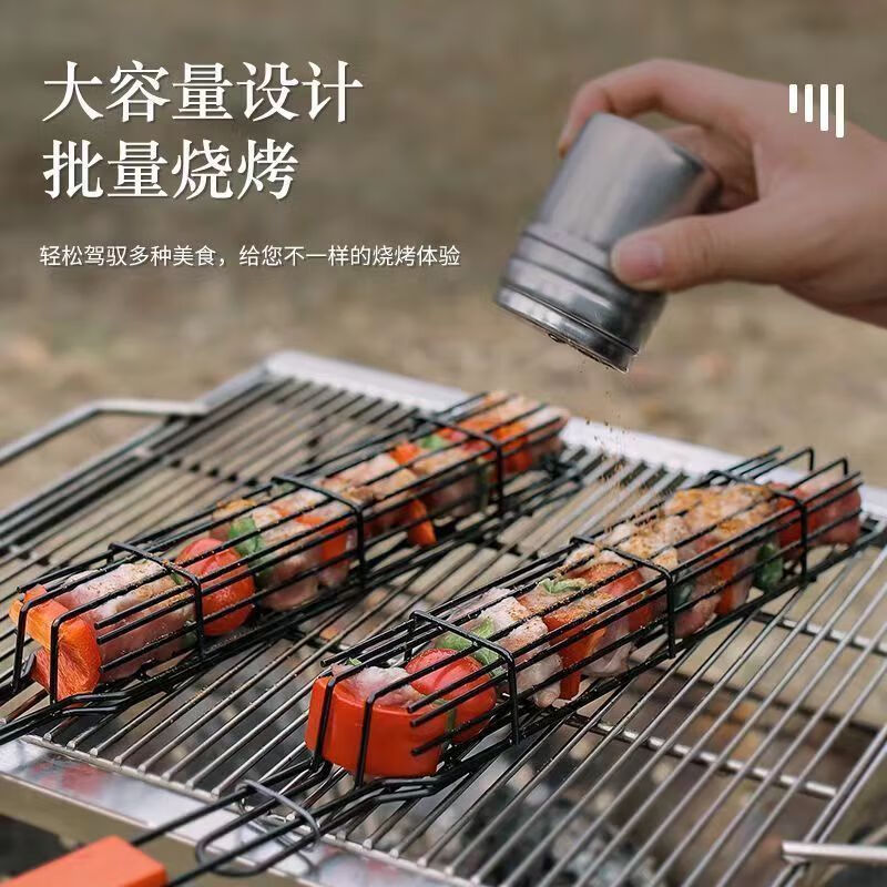 LZJV wooden handle barbecue cage hot dog sausage barbecue clip outdoor camping BBQ stainless steel grill grill stall tool red handle long barbecue grill - oil brush provided